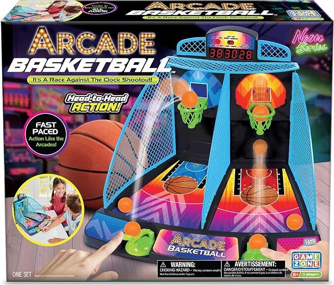 Arcade basketball game set with colorful design and digital display on a box.