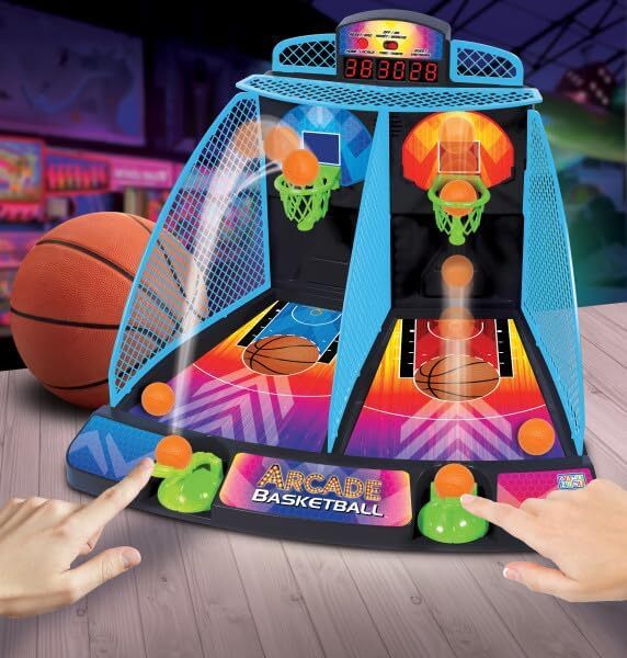 Colorful Arcade Basketball game with two hands interacting on a wooden floor.
