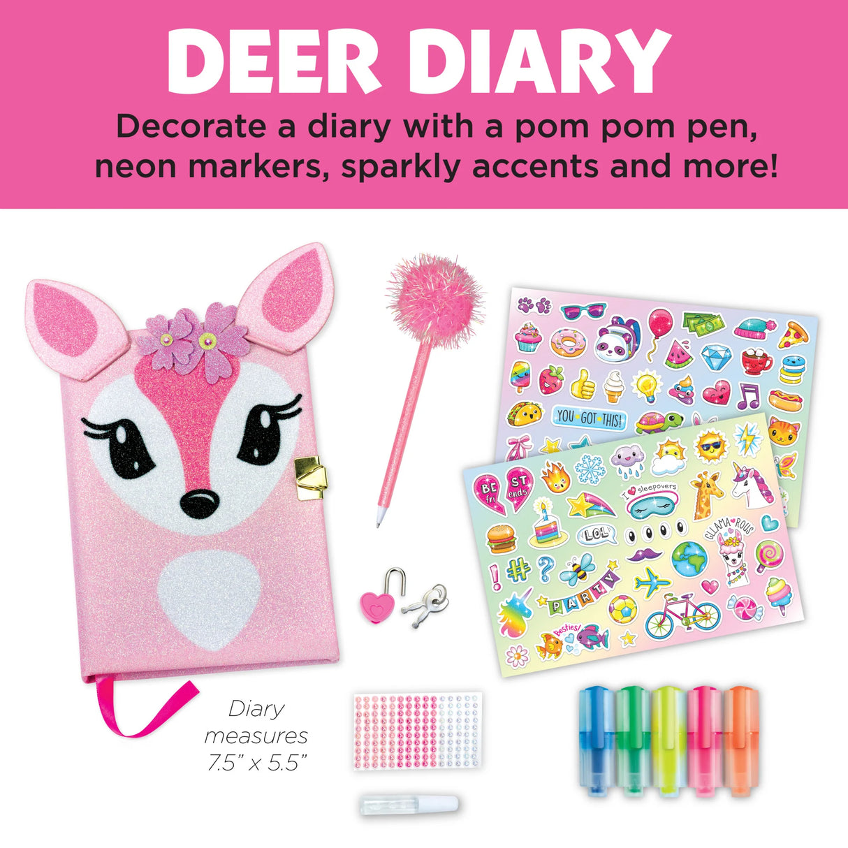 Decorative Deer Diary set with pom pom pen, neon markers, and stickers on a pink background