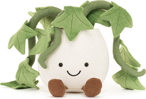Soft plush toy of Amuseables Ivy with a smiling face, brown feet, and green fabric leaves, designed to look like a friendly potted ivy plant.