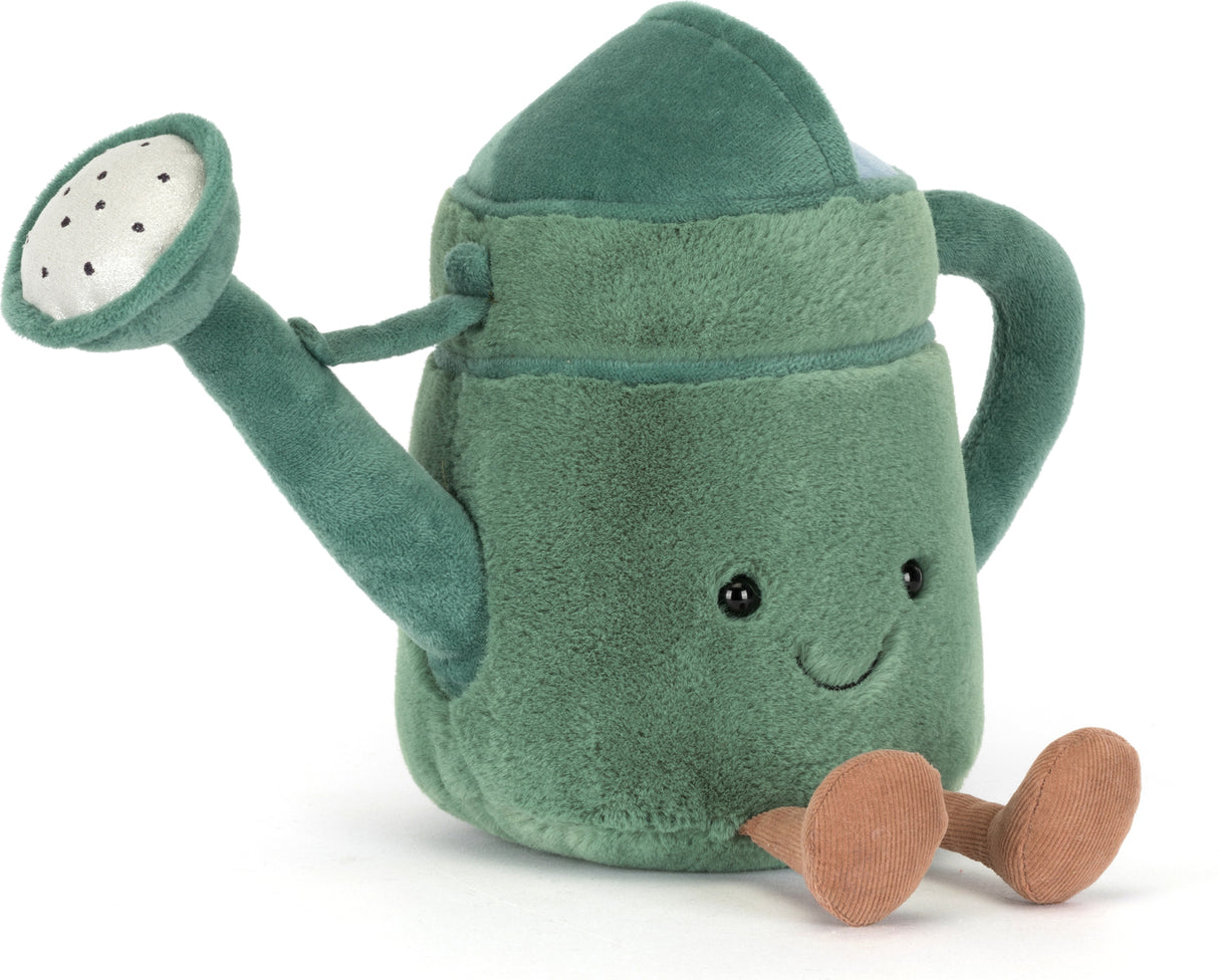 Soft plush watering can toy in shades of green with a smiling face and brown feet, designed as the Amuseables Watering Can for children's imaginative play.
