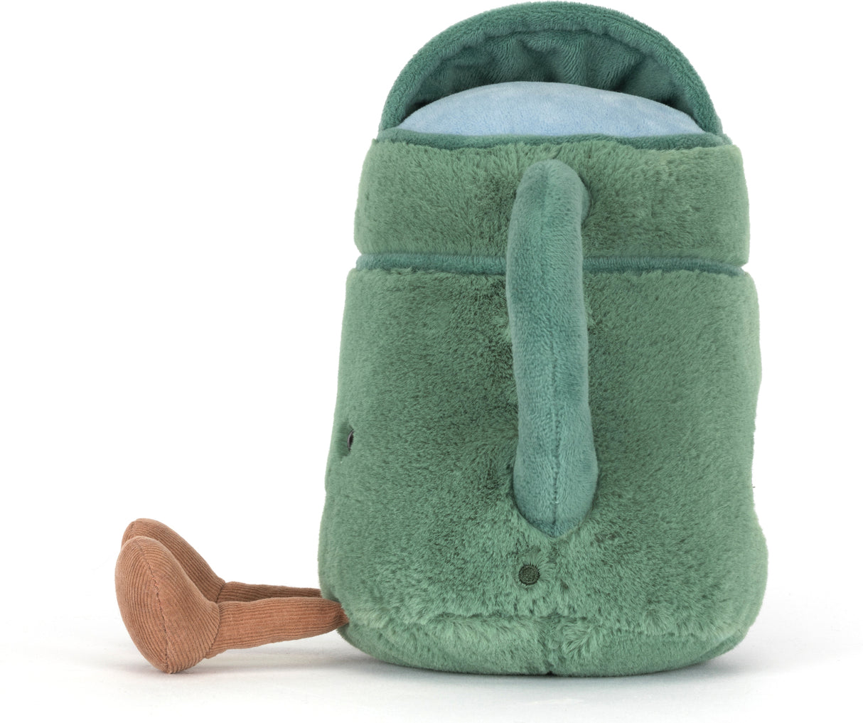 Soft green plush toy shaped like a watering can with a blue top and a brown spout, designed as the Amuseables Watering Can for imaginative play.