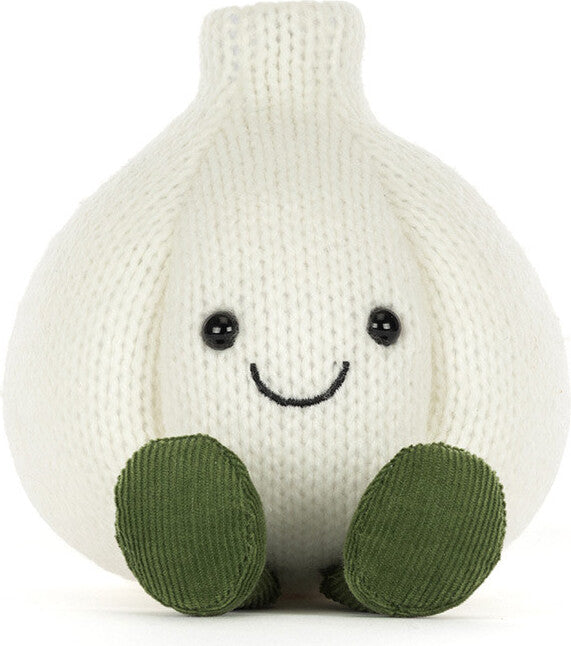 A Amuseables Garlic plush toy in off-white with dark green feet and a simple black embroidered face, shown against a plain white background.