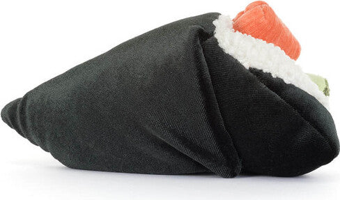 A plush Amuseables Comeroi Temaki shaped like a wrapped sushi roll, featuring a black fabric exterior, white textured rice, and an orange nori topping, set against a plain white background.
