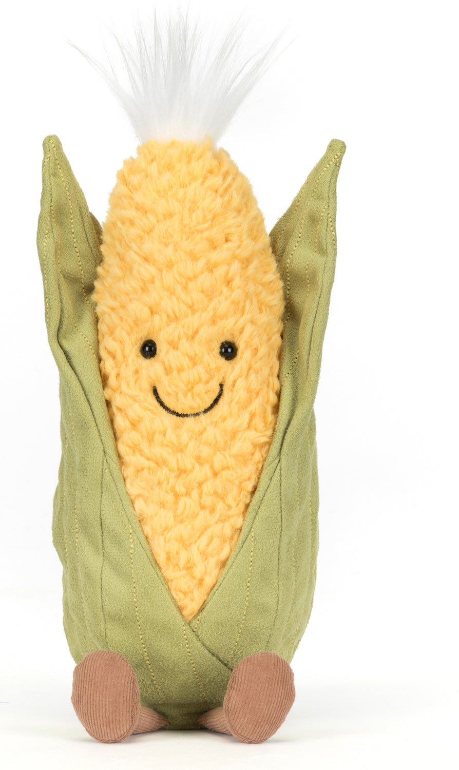 Amuseables Sweetcorn plush toy with a cheerful smiling face, soft yellow textured body, green fabric husk, and small brown feet, designed as a cute children's toy.