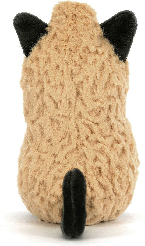 A close-up back view of a fluffy beige plush Amuseables Peanut Cat Outfit toy with black ears and a black tail, photographed against a plain white background.