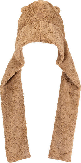 A plush Bartholomew Bear Bundlesnug ear hooded scarf in a warm tan brown color, shown against a plain white background.