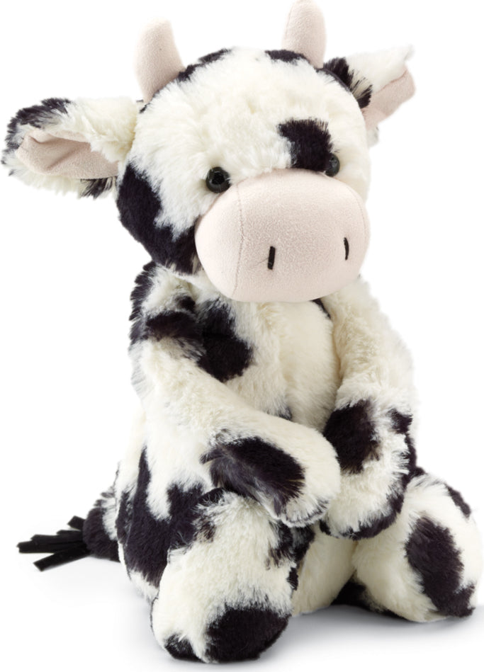 Soft plush Bashful Calf with black and white spots, large ears, and a gentle expression, perfect as a cuddly stuffed animal for children.