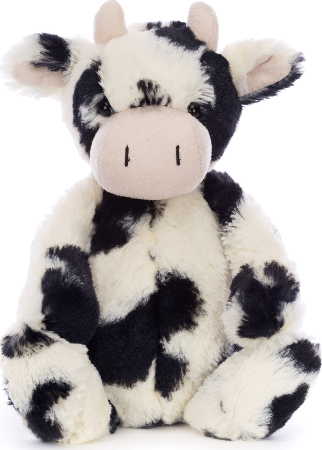 Bashful Calf plush toy with soft black and white spotted fur, pink snout, and gentle expression, perfect as a cuddly stuffed animal for children.