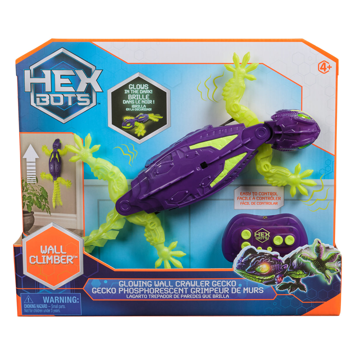 Hex Bots Wall Climber toy packaging with a glowing wall crawler gecko on a white background