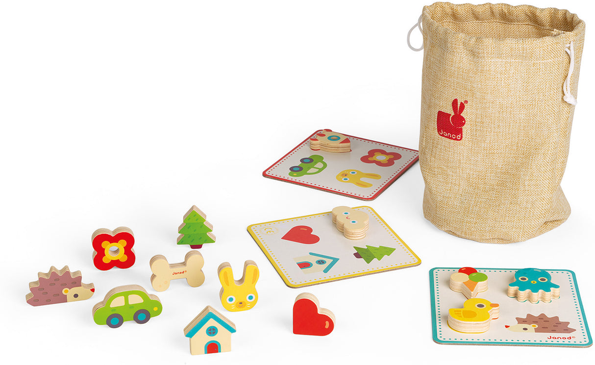 Memory Touch Recognition Game Set with wooden toys shapes and a drawstring bag on a white background