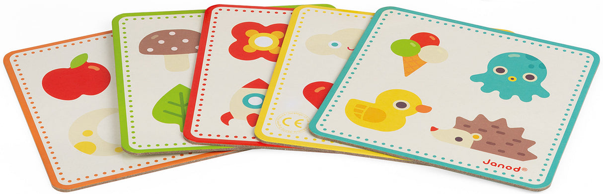 Set of colorful children's cards with animal illustrations from the Memory Touch Recognition Game on a white background