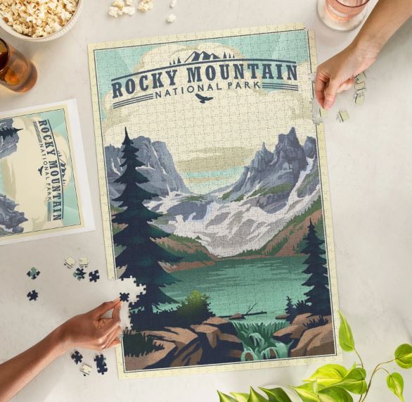 Rocky Mountain National Park, Colorado, Lake, Lithograph 1000 Piece Puzzle