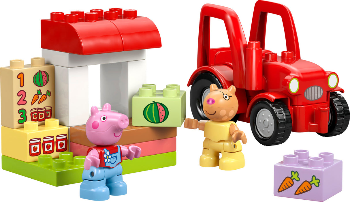 LEGO DUPLO Peppa Pig: Tractor and Market Toy set with a red tractor, building blocks, and two toy figures on a white background