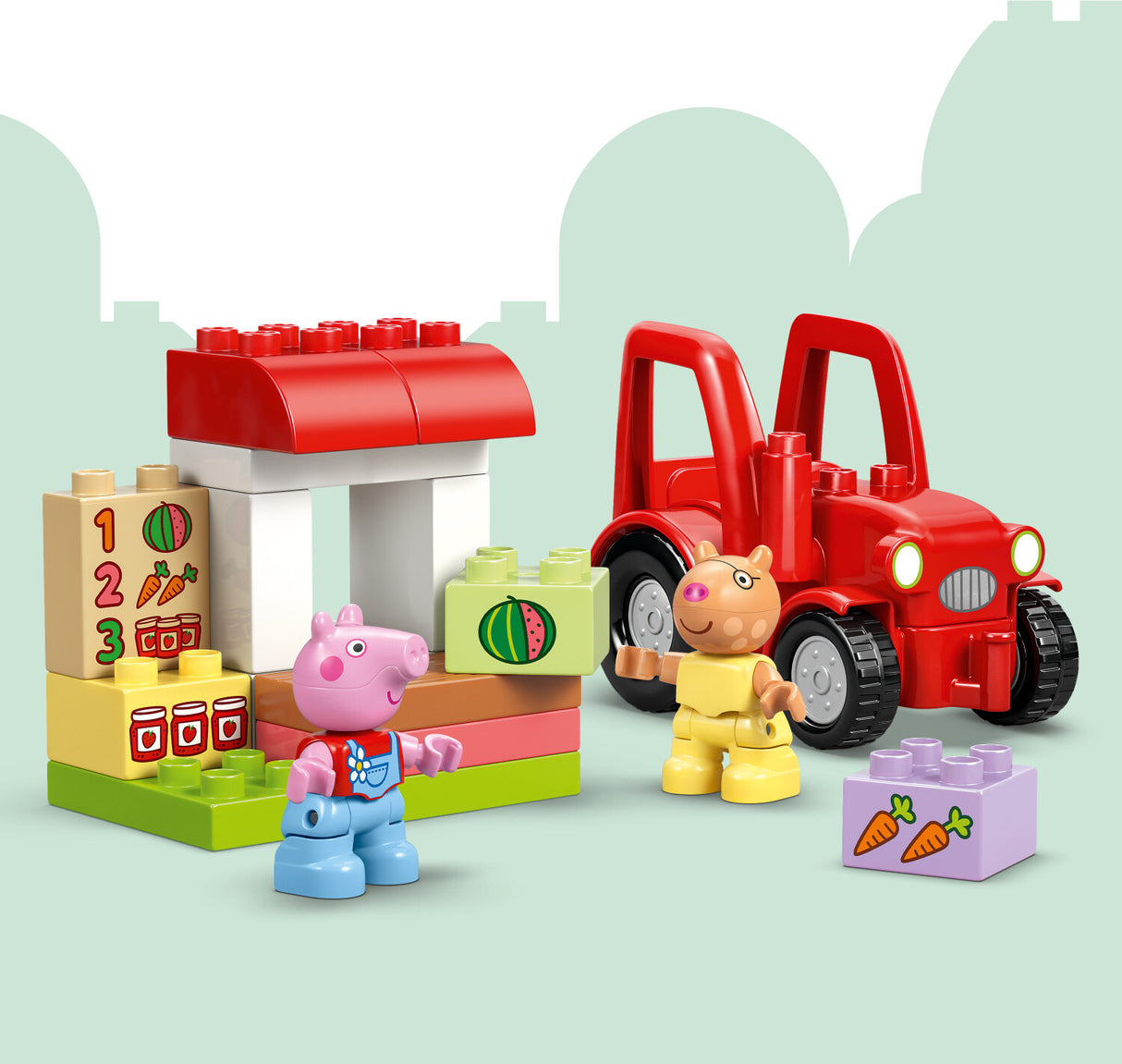 LEGO DUPLO Peppa Pig: Tractor and Market set with a red tractor, colorful building blocks, and toy figures on a light green background