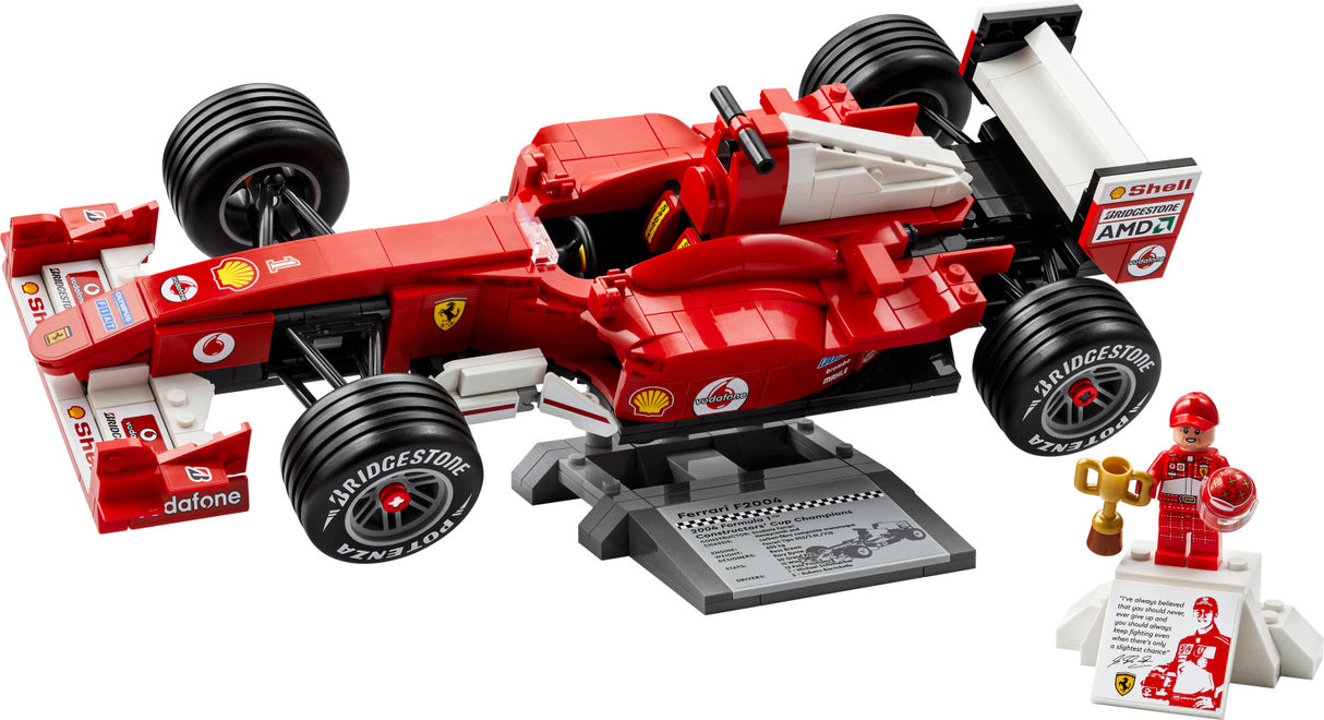 Toy LEGO Icons: Ferrari F2004 & Michael Schumacher with a driver figure on a white background