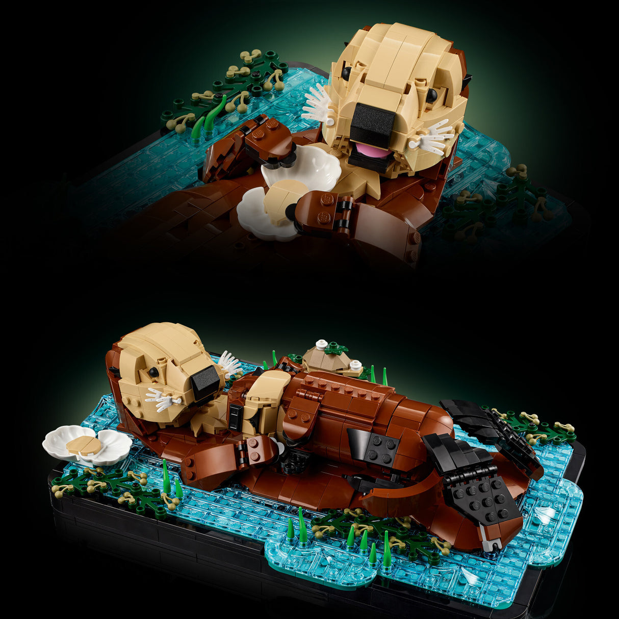 LEGO Ideas: Floating Sea Otters model of a otter and baby otter on a dark background