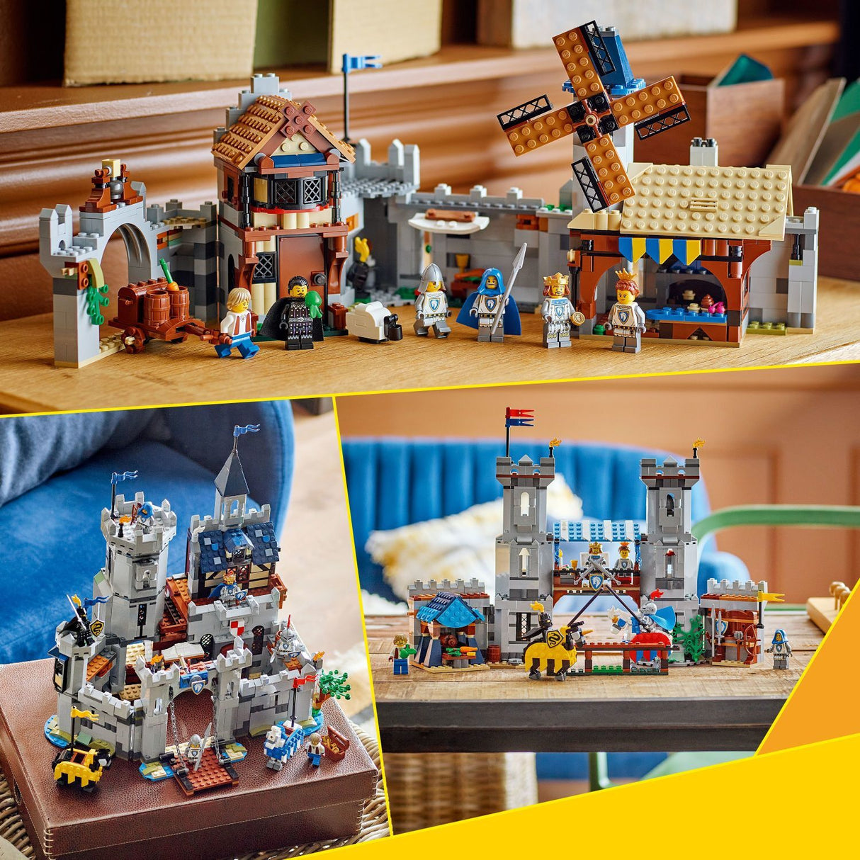 Detailed LEGO Creator: Medieval Horse Knight Castle building sets with knights, horses, castle towers, and medieval market scenes displayed on a wooden table.