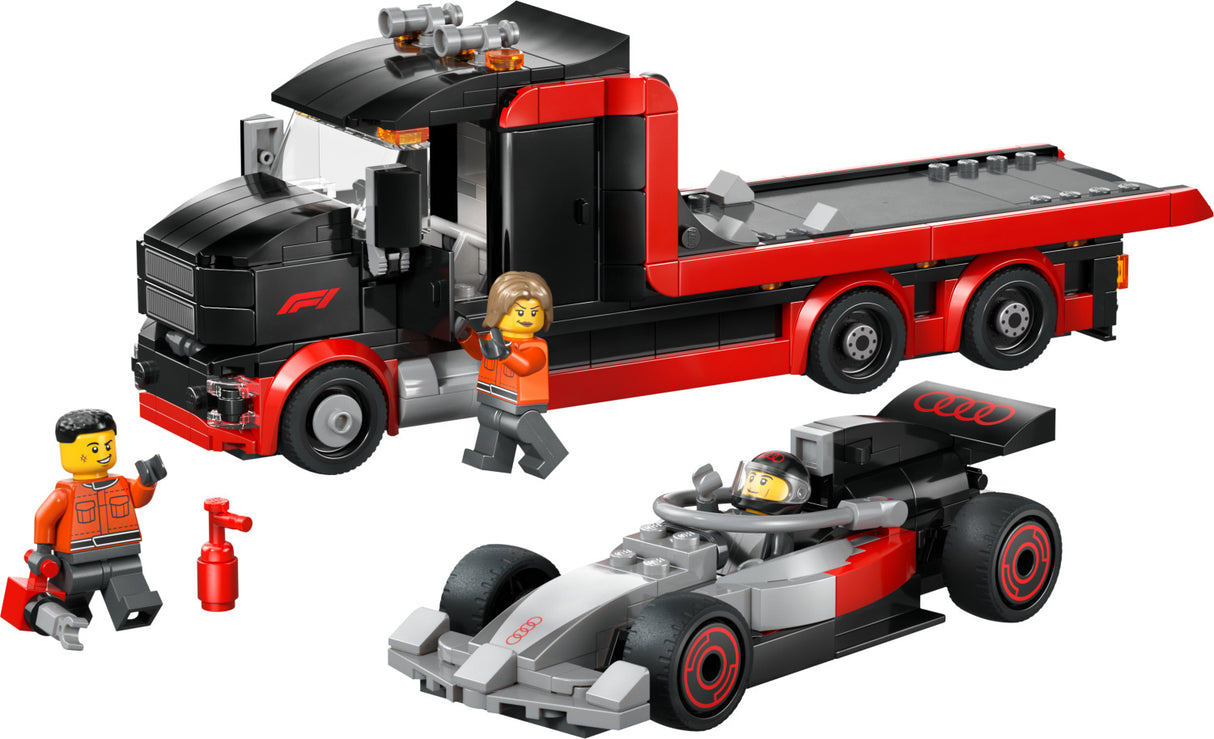 LEGO City Formula 1: F1® Display Truck with Audi F1® Race Car set with truck, race car, and figures on a white background