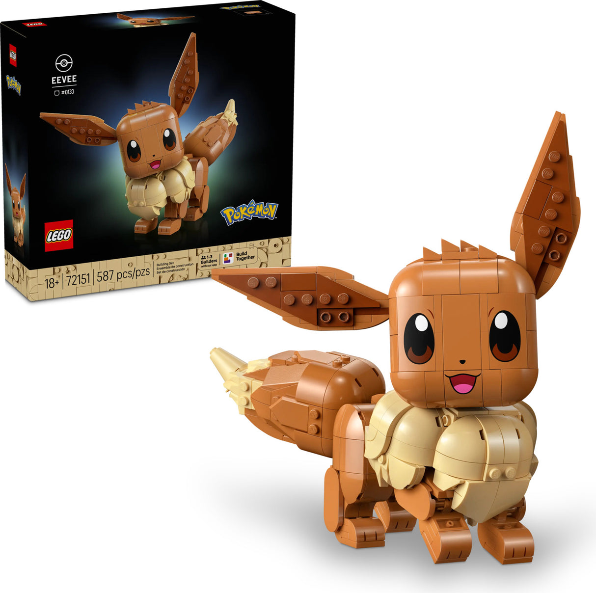 LEGO toy building set showing a constructed Eevee figure in front of its retail box on a clean white background. The set includes the assembled brown and cream Eevee model with large expressive eyes and raised ears, plus the black product box featuring the LEGO and Pokémon branding and the built toy pictured on the packaging.