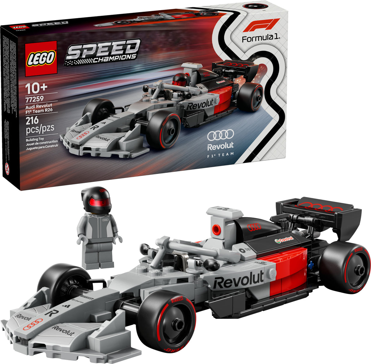 LEGO Speed Champions: Audi Revolut F1® Team R26 Race Car set with packaging and a figure in front