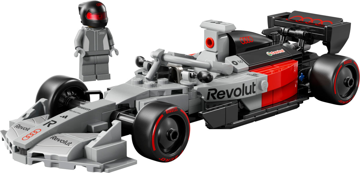 Toy LEGO Speed Champions: Audi Revolut F1® Team R26 Race Car with a driver figure on a white background