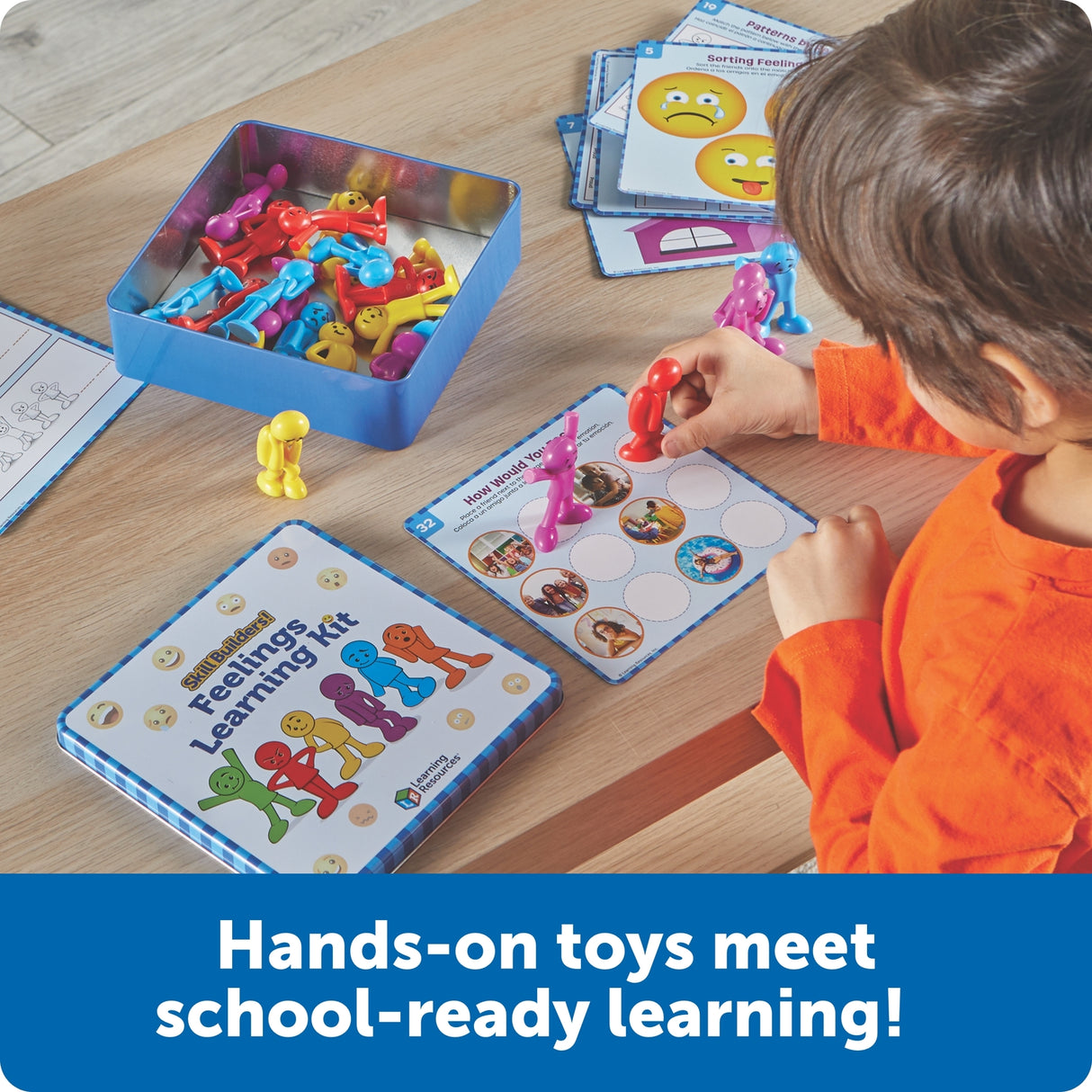 Child playing with Skillbuilders! Feelings Learning Kit on a table, with text 'Hands-on toys meet school-ready learning!'.