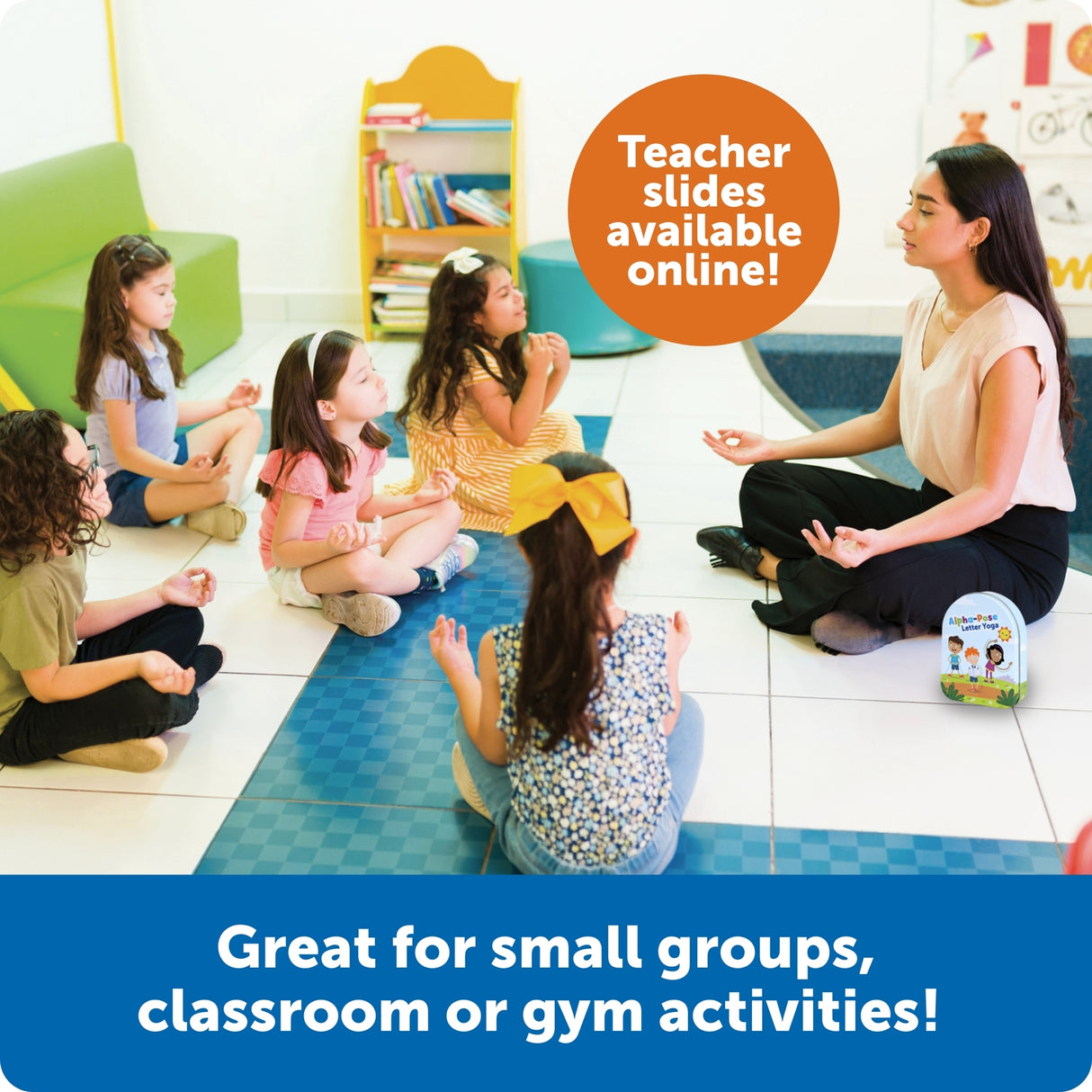 Teacher and students sitting on the floor in a classroom setting with text about teacher slides and activities.
