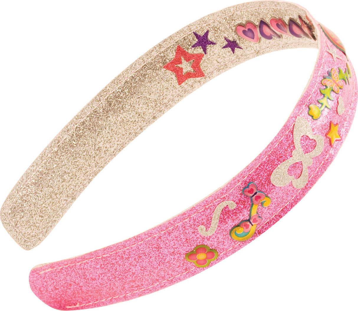 Created by Me! Headbands Design and Decorate Craft Kit showing a glittery headband pink and beige, with decorative patterns on a white background.