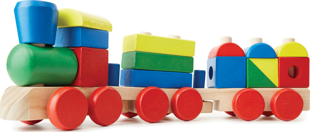 Colorful wooden toy train with block-like cars on a white background