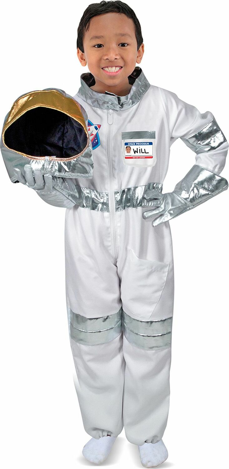 Child wearing a silver Astronaut Role Play Costume Set with helmet on a white background