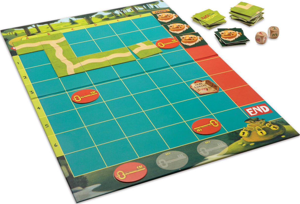 Race To The Treasure Cooperative Game with a green and red board, pieces, and dice on a white background