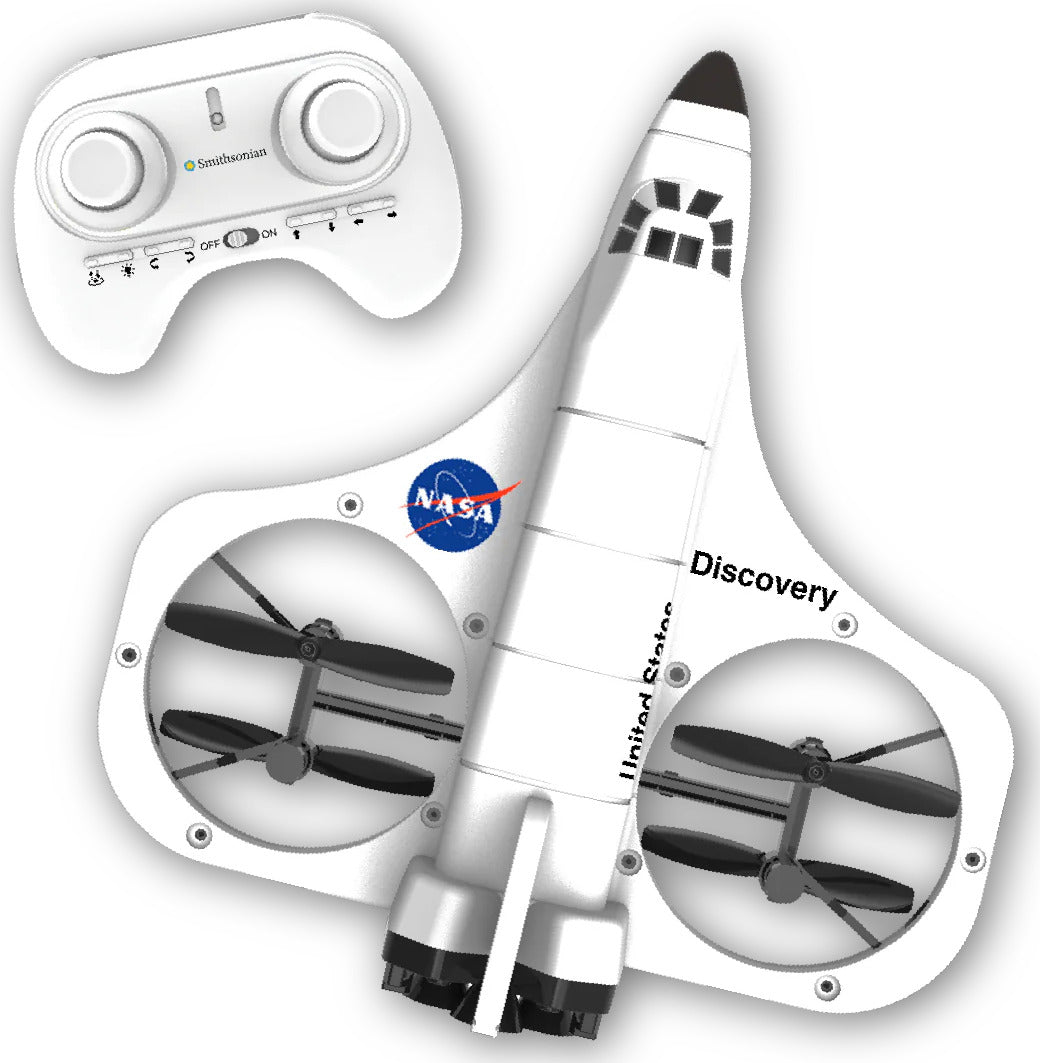 Space Shuttle Discovery with NASA logo and remote control on a white background