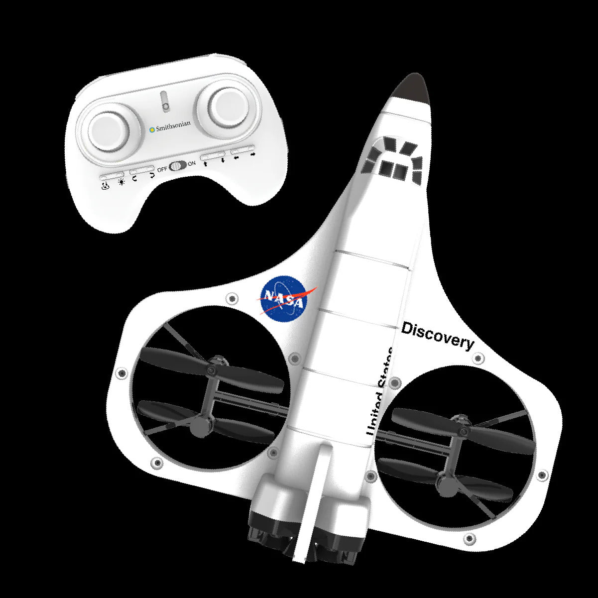 Space Shuttle Discovery with NASA logo and 'Discovery' branding, accompanied by a remote control on a black background.