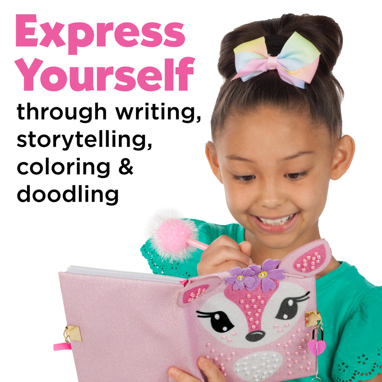 Girl holding a pink diary with a deer design, surrounded by text about expressing oneself through writing and coloring.