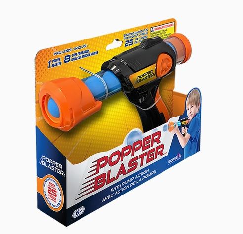 Popper Blaster toy packaging with toy blaster and child model on a white background