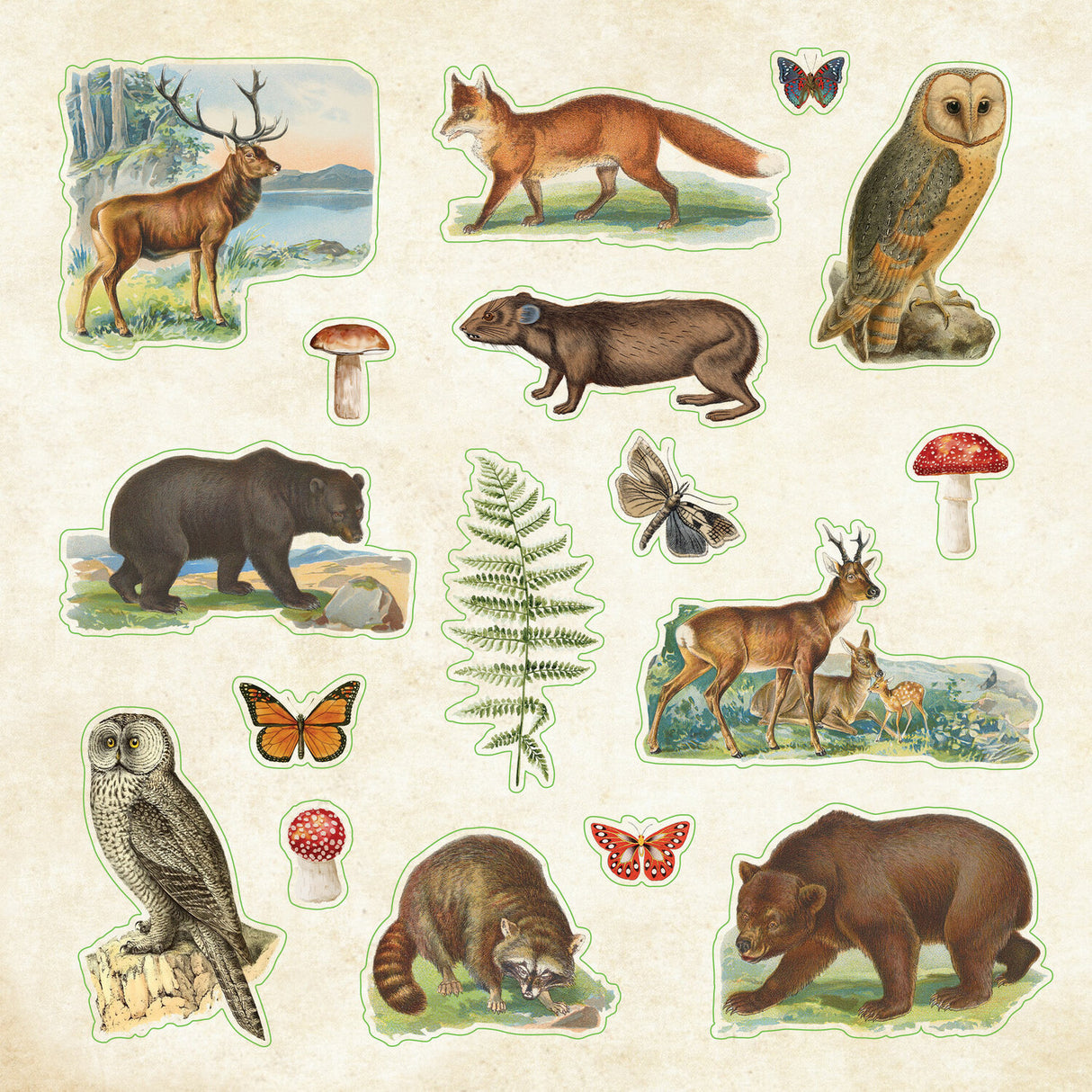 Set of vintage-style animal stickers on a beige background