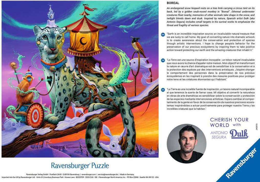 Ravensburger Dulk Boreal 500 Pc Puzzle packaging with a colorful illustration of a leopard and a tent, featuring Antonio Dulk's artwork.