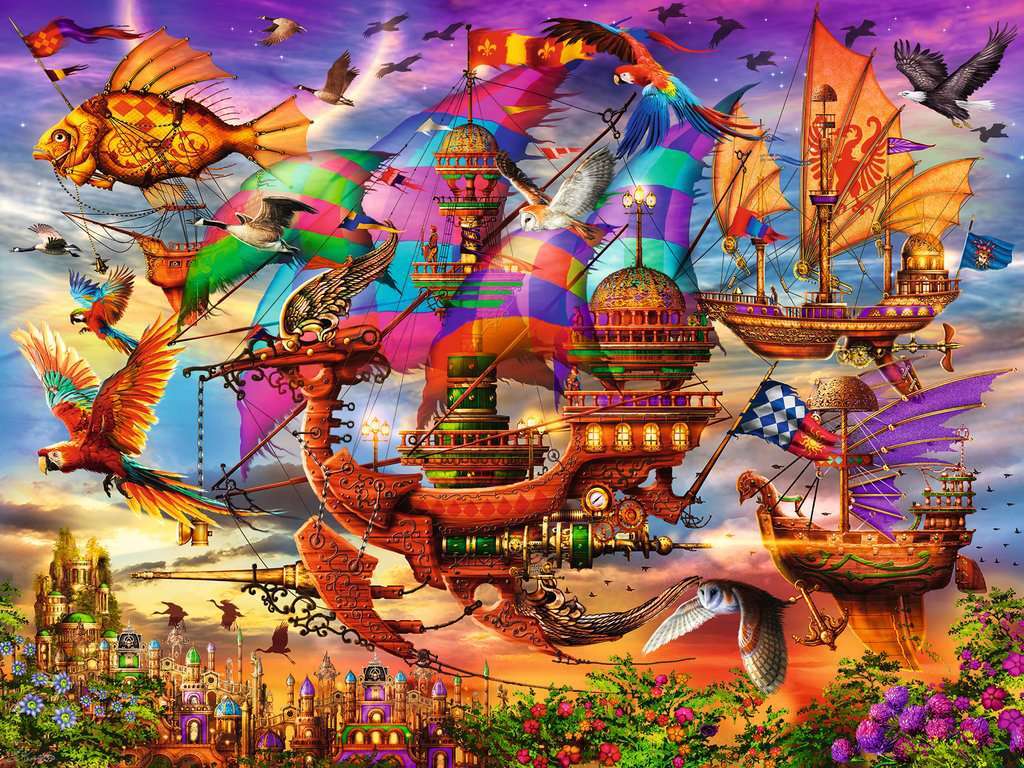 Colorful The Flight 1500 Pc Puzzle fantasy scene with flying ships and birds against a vibrant sky.