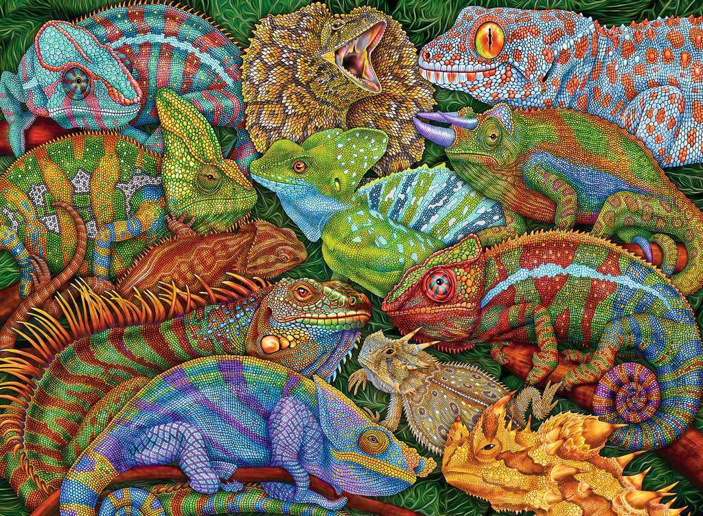 Riveting Reptiles 300 Pc Puzzle with various colorful lizards on a green background