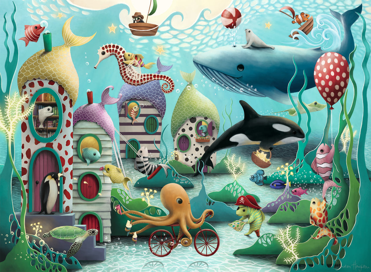 Colorful Underwater Wonders (100 pc Puzzle) wih a underwater scene with cartoonish sea creatures and houses.
