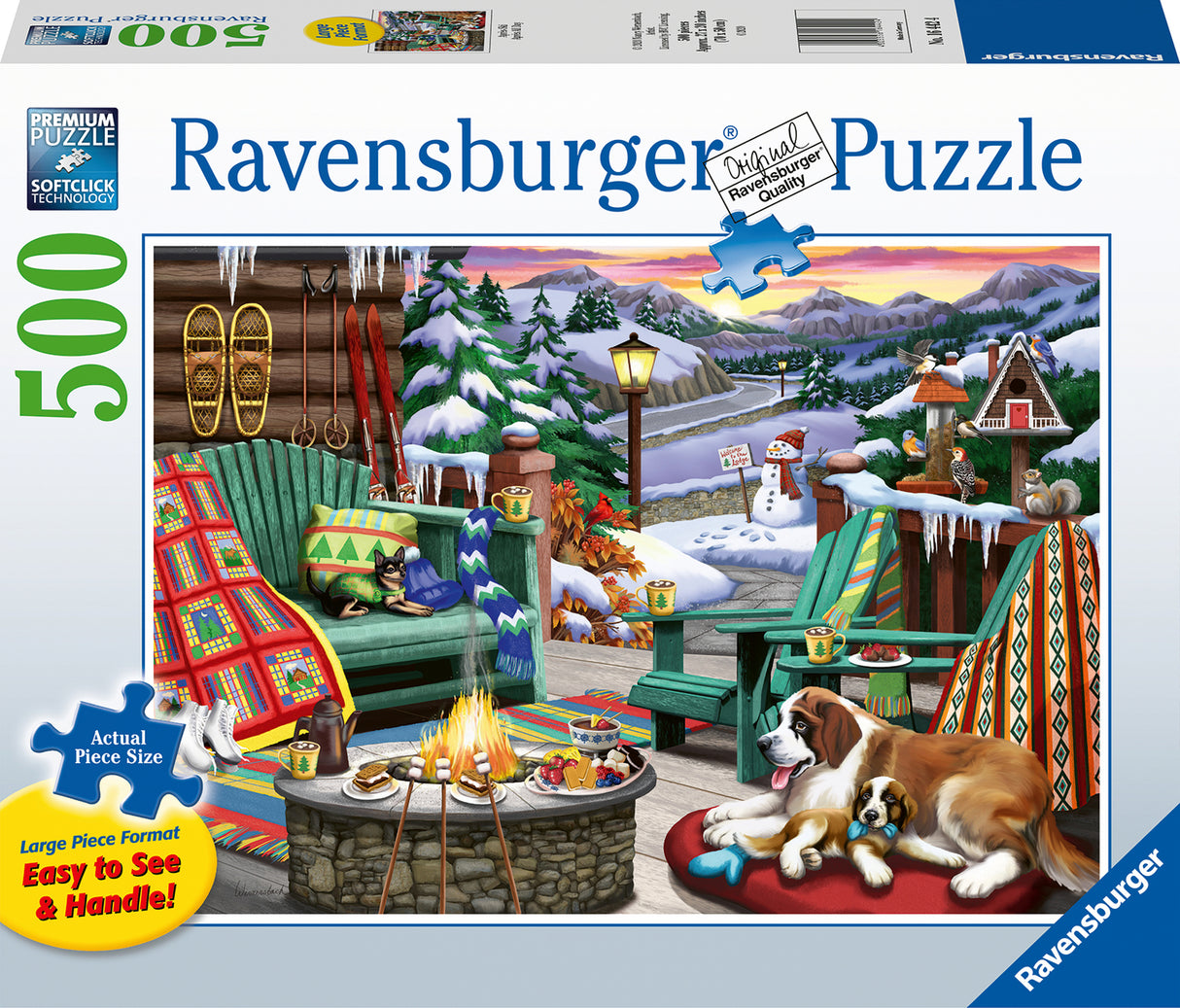 Ravensburger Cozy Series: Apres All Day (500 pc Large Format Puzzle) box with a winter scene featuring a fire pit, chairs, and a dog.