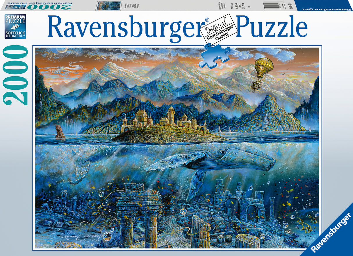 Ravensburger Wisdom Whale (2000 pc Puzzle) packaging with a fantasy landscape design featuring mountains, a castle, and a whale.
