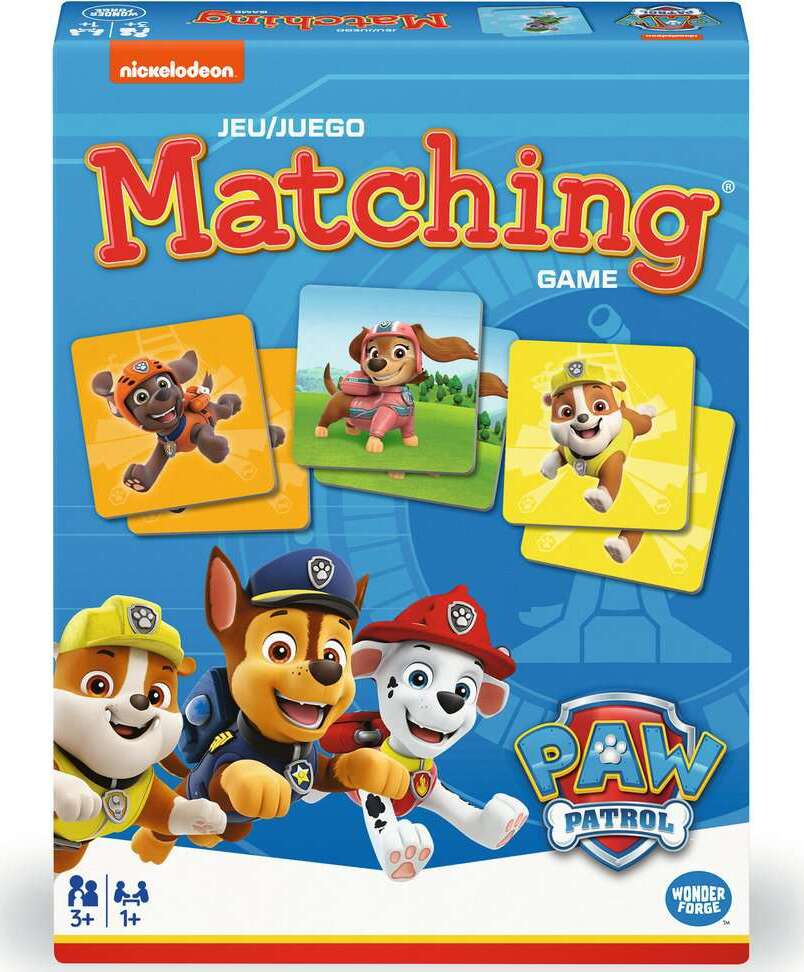 Paw Patrol matching game box with cartoon characters on a blue background