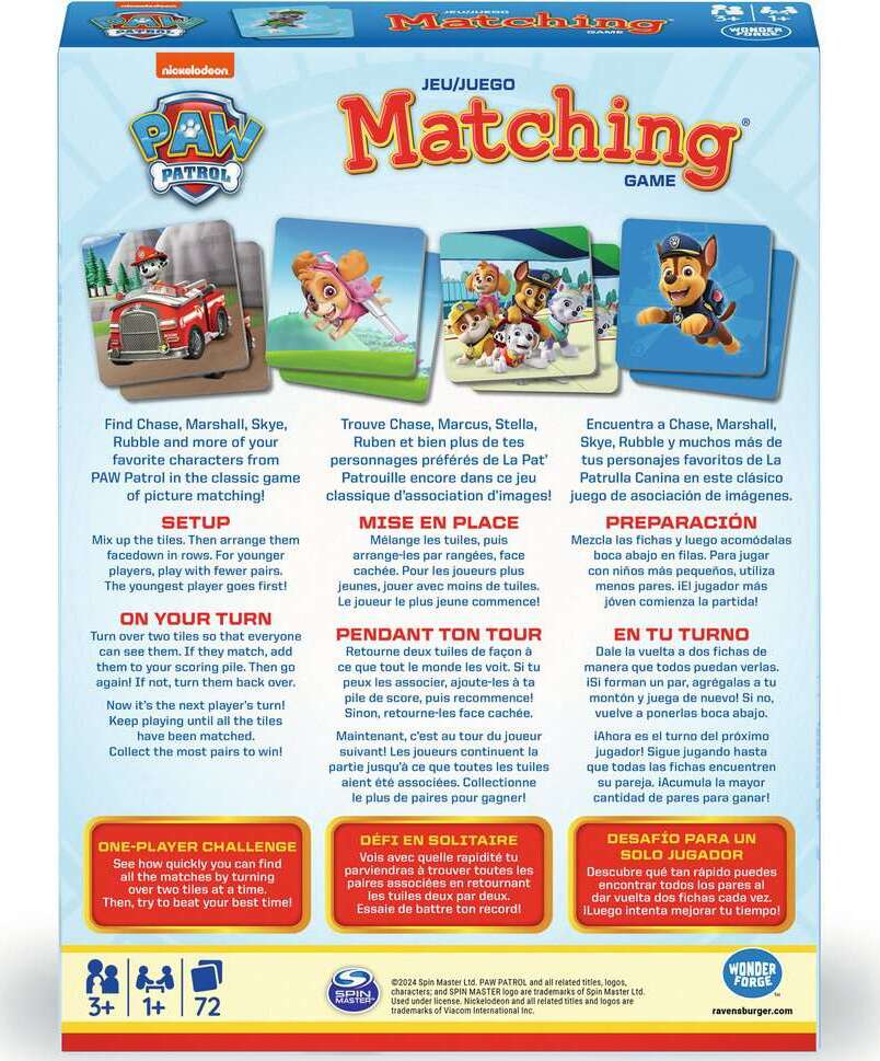 Paw Patrol matching game box with colorful graphics and text