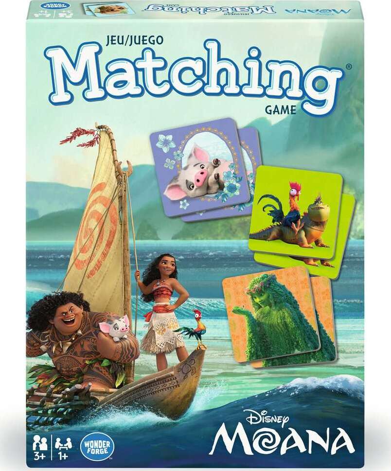 Disney Moana matching game box with characters and cards on a blue ocean background