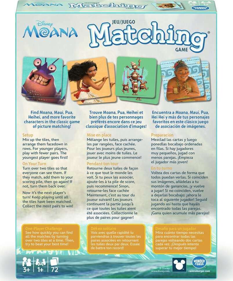 Disney Moana matching game packaging with character images and text.
