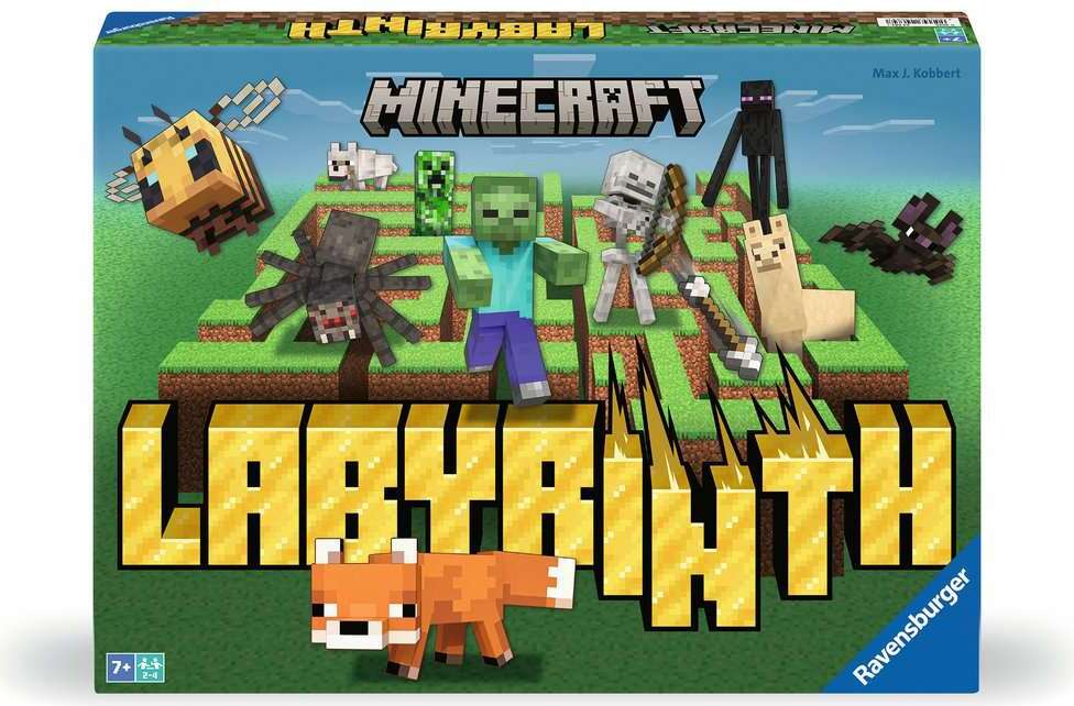 Minecraft Labyrinth board game box with characters and text on a green background