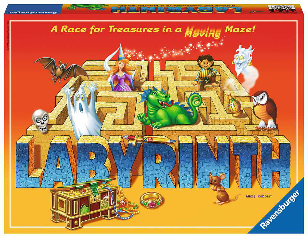 Board game box for 'Labyrinth' with characters and maze design on a red and yellow background