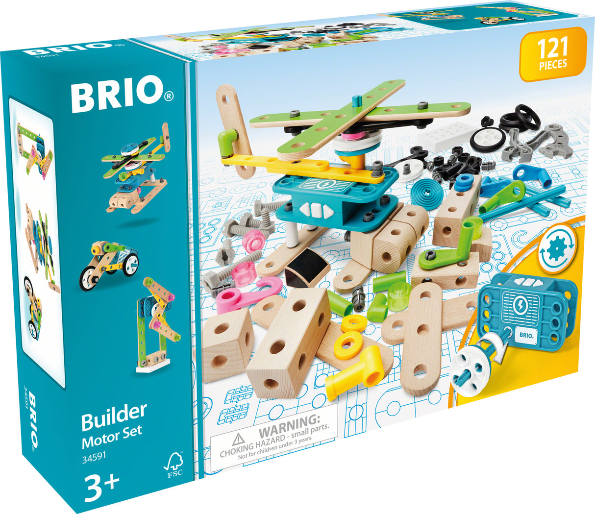 BRIO Builder Motor Set packaging with wooden building blocks and toys on a blue background